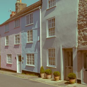 Sunlight on coloured houses on Mill Green, Lyme Regis 26_05_23