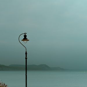 Sunlit street lamp and flowers with a dark sky over the coast from below Church Cliff, Lyme Regis 11_06_23