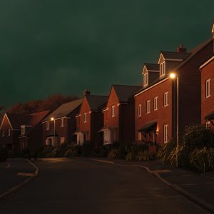 Dark stormy sky with late afternoon sunlight on houses in Woodberry Down Way, Lyme Regis 27_11_23