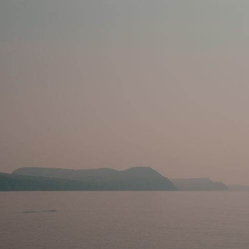 Hazy morning sunlight over the coast and sea from Gun Cliff Walk steps Lyme Regis 08_05_24